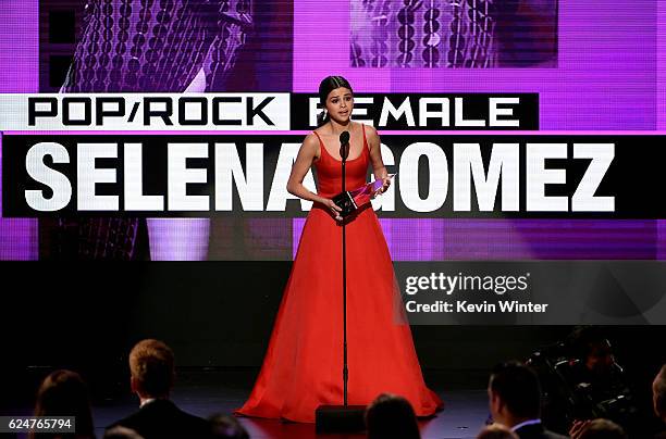 Singer Selena Gomez accepts Favorite Pop/Rock Female Artist onstage during the 2016 American Music Awards at Microsoft Theater on November 20, 2016...