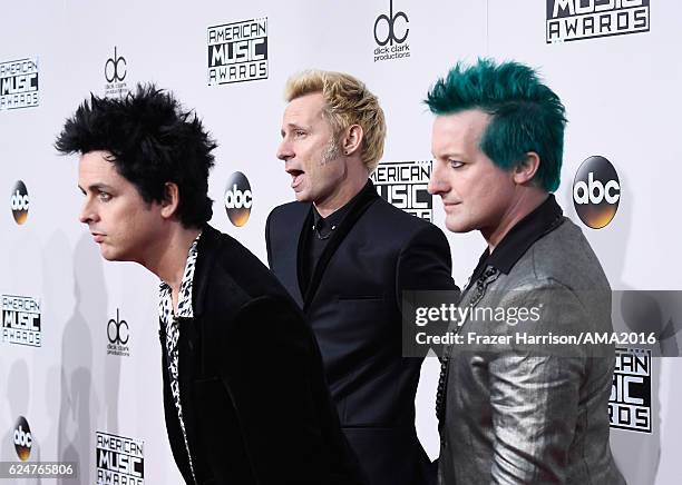 Musicians Billie Joe Armstrong, Mike Dirnt and Tré Cool of Green Day attend the 2016 American Music Awards at Microsoft Theater on November 20, 2016...