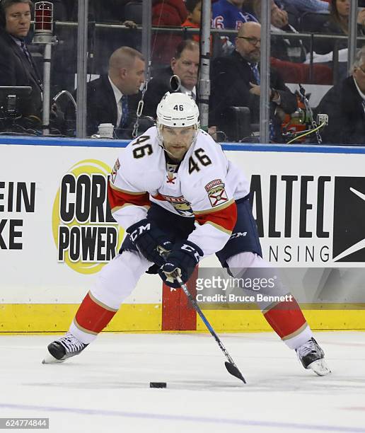 Jakub Kindl of the Florida Panthers skates against the New York Rangers at Madison Square Garden on November 20, 2016 in New York City. The Panthers...