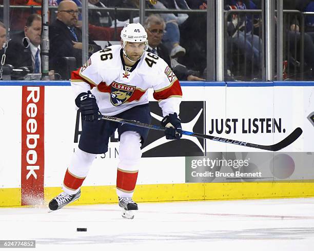 Jakub Kindl of the Florida Panthers skates against the New York Rangers at Madison Square Garden on November 20, 2016 in New York City. The Panthers...