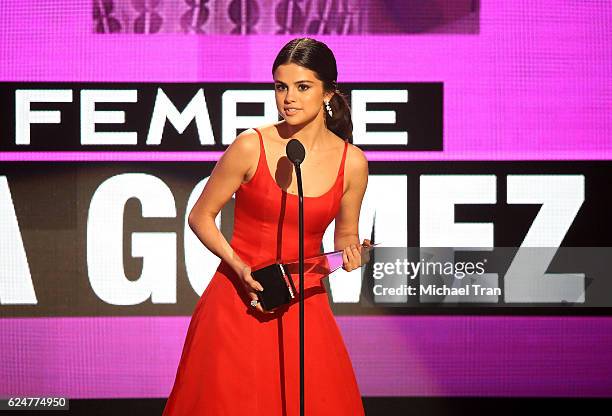 Recording artist Selena Gomez accepts the award for Favorite Female Artist - Pop/Rock onstage during the 2016 American Music Awards held at Microsoft...