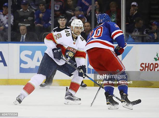 Jakub Kindl of the Florida Panthers skates against the New York Rangers at Madison Square Garden on November 20, 2016 in New York City. The Panthers...