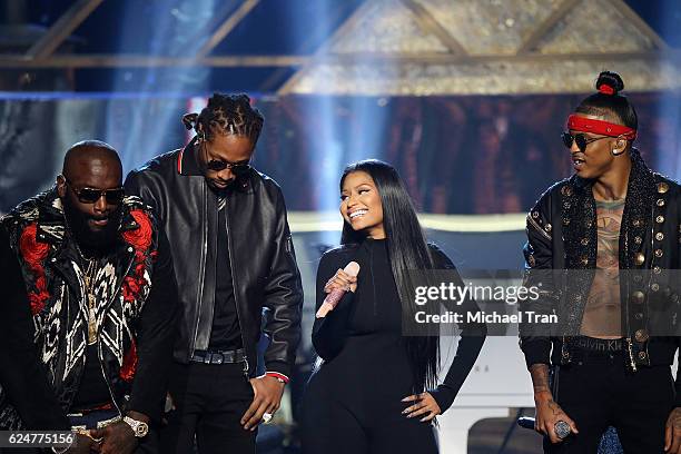 Rappers Rick Ross, Future, Nicki Minaj and August Alsina perform onstage during the 2016 American Music Awards held at Microsoft Theater on November...