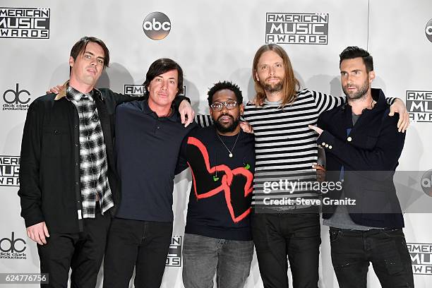 Musicians Mickey Madden, Matt Flynn, PJ Morton, James Valentine and Adam Levine of Maroon 5 pose in the press room during the 2016 American Music...