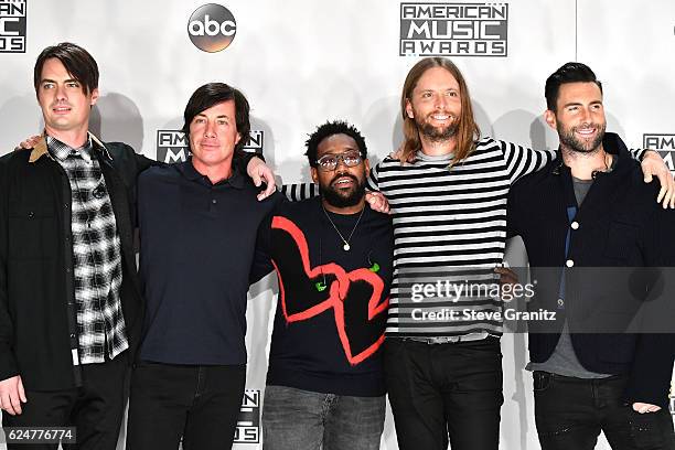 Musicians Mickey Madden, Matt Flynn, PJ Morton, James Valentine and Adam Levine of Maroon 5 pose in the press room during the 2016 American Music...