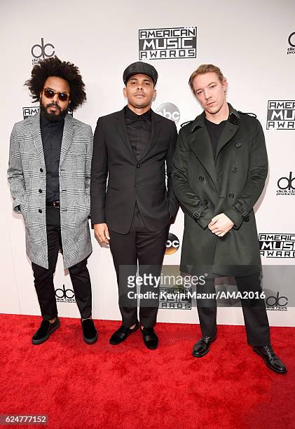 Jillionaire, Walshy Fire and Diplo of Major Lazer attend the 2016 American Music Awards at Microsoft Theater on November 20, 2016 in Los Angeles,...