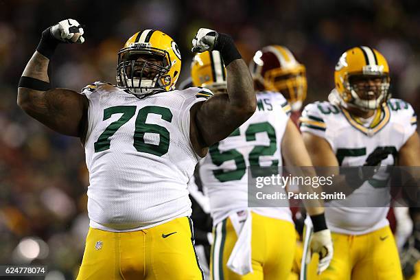 Defensive end Mike Daniels of the Green Bay Packers reacts after a play in the second quarter against the Washington Redskins at FedExField on...