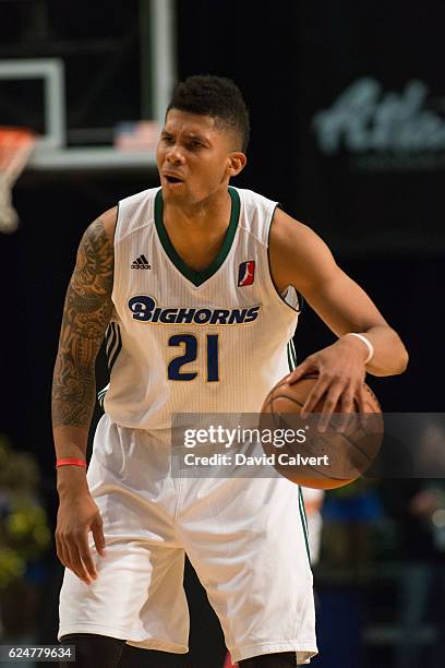 Jamal Branch of the Reno Bighorns dribbles the ball against the Oklahoma City Blue at the Reno Events Center on November 19, 2016 in Reno, Nevada....