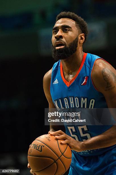 Reggie Williams of the Oklahoma City Blue shoots a free throw against the Reno Bighorns at the Reno Events Center on November 19, 2016 in Reno,...