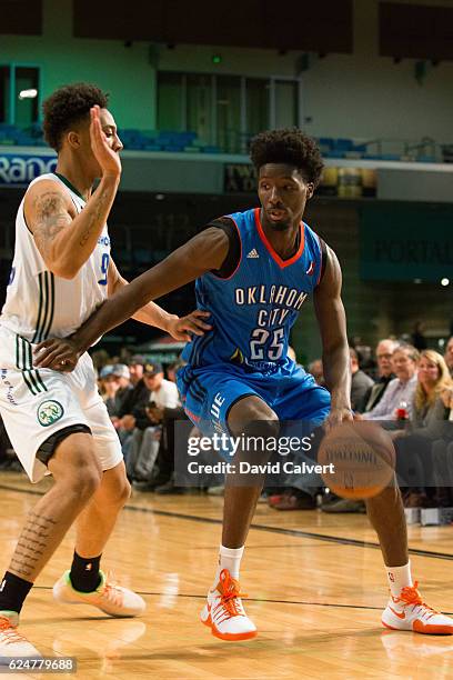 Daniel Hamilton of the Oklahoma City Blue dribbles into defender Malachi Richardson of the Reno Bighorns at the Reno Events Center on November 19,...