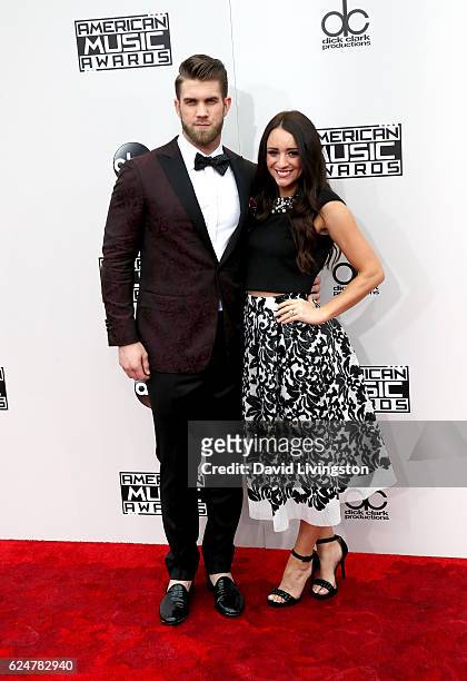 Athlete Bryce Harper and Kayla Varner attend the 2016 American Music Awards at Microsoft Theater on November 20, 2016 in Los Angeles, California.