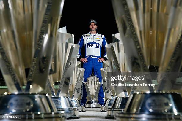 Jimmie Johnson, driver of the Lowe's Chevrolet, poses for a portrait after winning the 2016 NASCAR Sprint Cup Series Championship at Homestead-Miami...