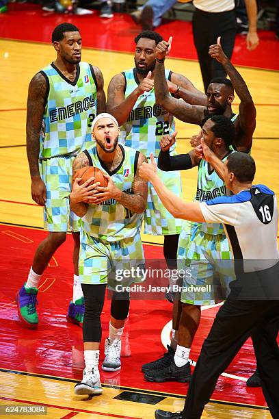 Quinton Chievous of the Iowa Energy celebrates a basket against the Delaware 87ers in an NBA D-League pre-season game on November 19, 2016 at the...