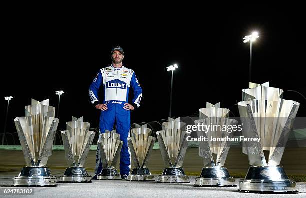 Jimmie Johnson, driver of the Lowe's Chevrolet, poses for a portrait after winning the 2016 NASCAR Sprint Cup Series Championship at Homestead-Miami...