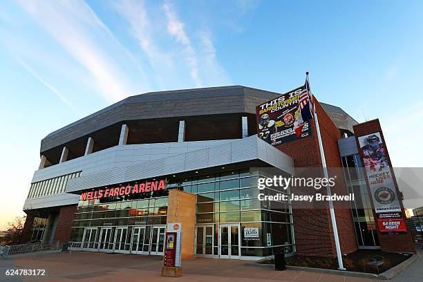 The sun sets on The Wells Fargo arena before the Iowa Energy take in the Delaware 87ers an NBA D-League pre-season game on November 19, 2016 at the...