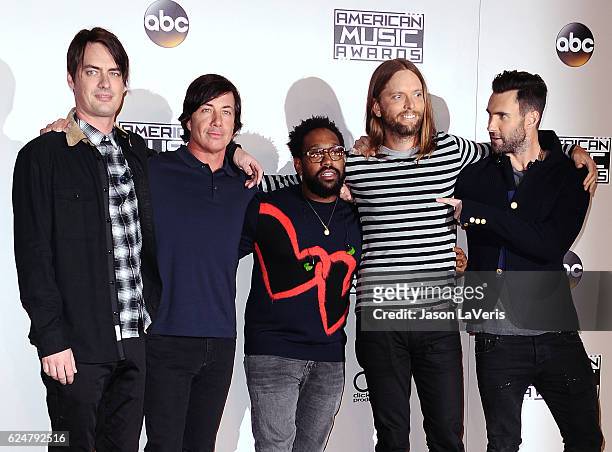 Musicians Mickey Madden, Matt Flynn, PJ Morton, James Valentine and Adam Levine of Maroon 5 pose in the press room at the 2016 American Music Awards...