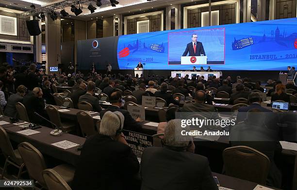 President of Turkey Recep Tayyip Erdogan makes a speech during a plenary sitting held within the NATO Parliamentary Assembly's 62nd Annual session in...