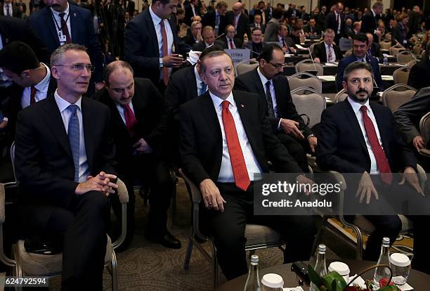 President of Turkey Recep Tayyip Erdogan and NATO Secretary General Jens Stoltenberg take part in a plenary sitting held within the NATO...