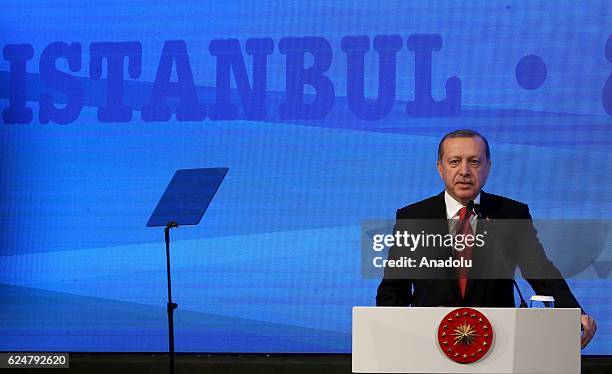 President of Turkey Recep Tayyip Erdogan makes a speech during a plenary sitting held within the NATO Parliamentary Assembly's 62nd Annual session in...