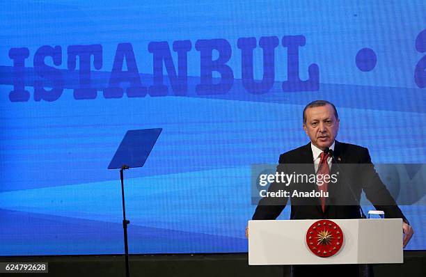 President of Turkey Recep Tayyip Erdogan makes a speech during a plenary sitting held within the NATO Parliamentary Assembly's 62nd Annual session in...