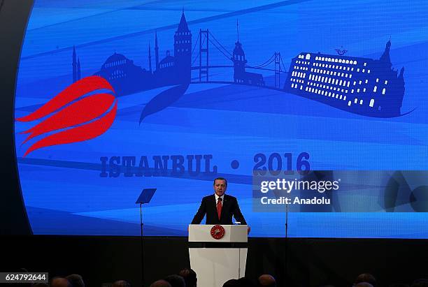 President of Turkey Recep Tayyip Erdogan makes a speech during a plenary sitting held within the NATO Parliamentary Assembly's 62nd Annual session in...