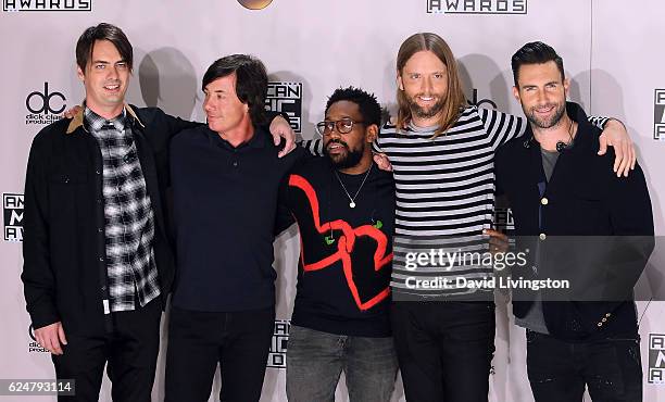 Musicians Mickey Madden, Matt Flynn, PJ Morton, James Valentine and Adam Levine of Maroon 5 pose in the press room at the 2016 American Music Awards...