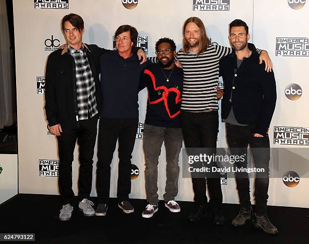 Musicians Mickey Madden, Matt Flynn, PJ Morton, James Valentine and Adam Levine of Maroon 5 pose in the press room at the 2016 American Music Awards...