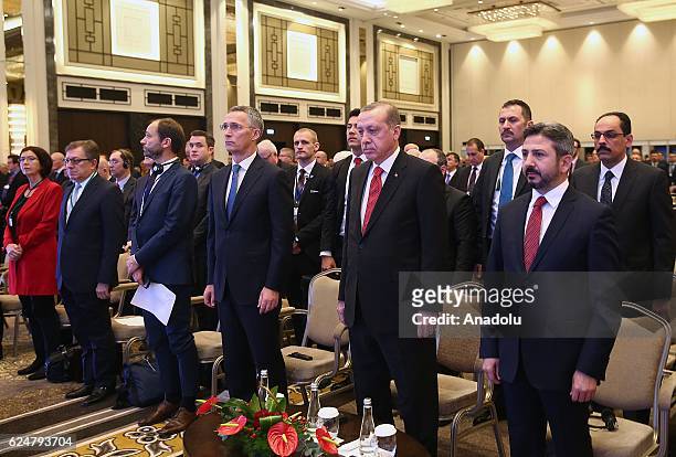 President of Turkey Recep Tayyip Erdogan and NATO Secretary General Jens Stoltenberg take part in a plenary sitting held within the NATO...