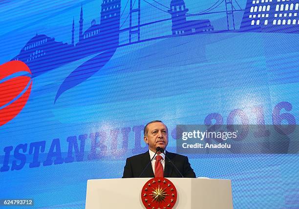 President of Turkey Recep Tayyip Erdogan makes a speech during a plenary sitting held within the NATO Parliamentary Assembly's 62nd Annual session in...