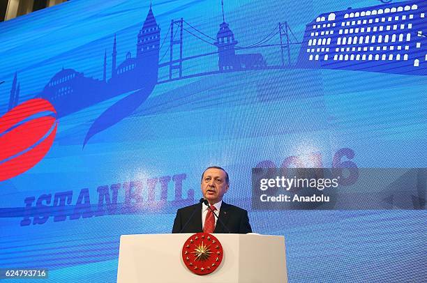 President of Turkey Recep Tayyip Erdogan makes a speech during a plenary sitting held within the NATO Parliamentary Assembly's 62nd Annual session in...