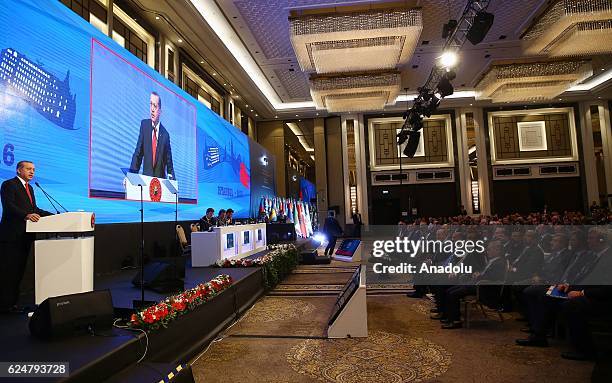 President of Turkey Recep Tayyip Erdogan makes a speech during a plenary sitting held within the NATO Parliamentary Assembly's 62nd Annual session in...