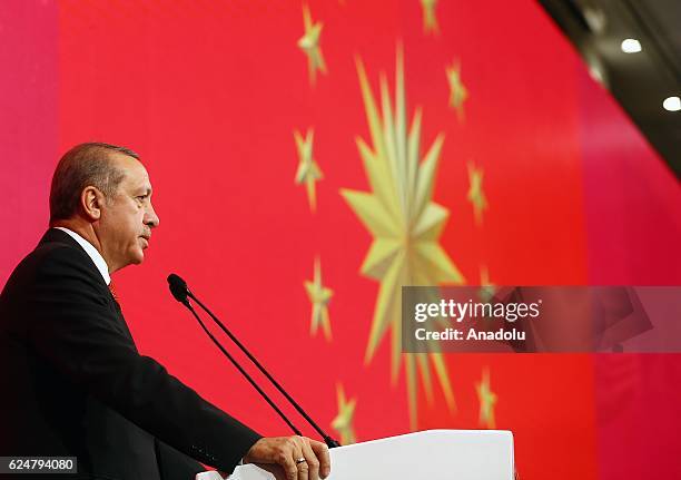 President of Turkey Recep Tayyip Erdogan makes a speech during a plenary sitting held within the NATO Parliamentary Assembly's 62nd Annual session in...