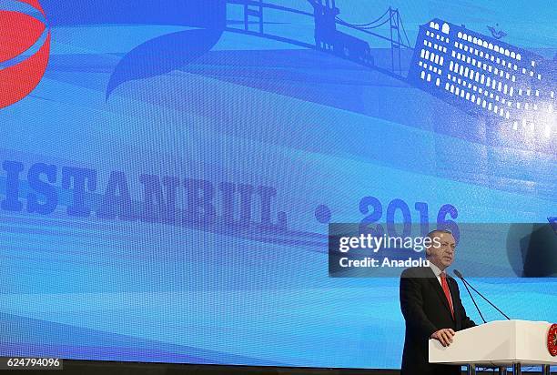 President of Turkey Recep Tayyip Erdogan makes a speech during a plenary sitting held within the NATO Parliamentary Assembly's 62nd Annual session in...