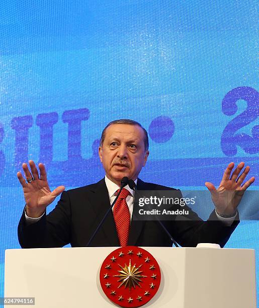 President of Turkey Recep Tayyip Erdogan makes a speech during a plenary sitting held within the NATO Parliamentary Assembly's 62nd Annual session in...