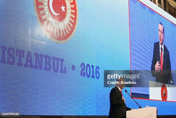 President of Turkey Recep Tayyip Erdogan makes a speech during a plenary sitting held within the NATO Parliamentary Assembly's 62nd Annual session in...