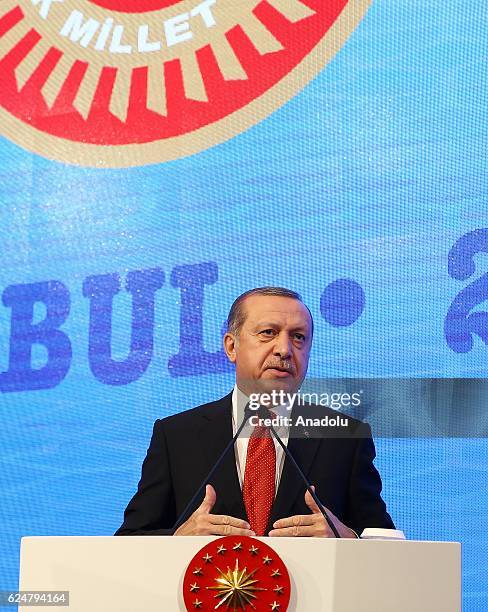 President of Turkey Recep Tayyip Erdogan makes a speech during a plenary sitting held within the NATO Parliamentary Assembly's 62nd Annual session in...