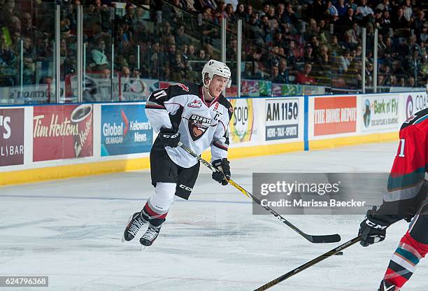 Tyler Benson of the Vancouver Giants skates with the puck against the Kelowna Rockets on November 18, 2016 at Prospera Place in Kelowna, British...