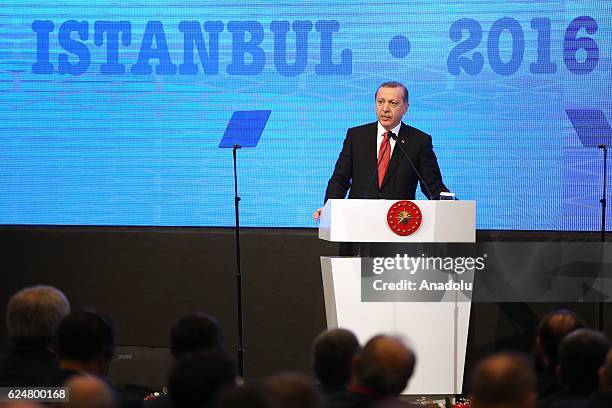 President of Turkey Recep Tayyip Erdogan makes a speech during a plenary sitting held within the NATO Parliamentary Assembly's 62nd Annual session in...