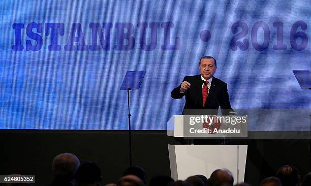 President of Turkey Recep Tayyip Erdogan makes a speech during a plenary sitting held within the NATO Parliamentary Assembly's 62nd Annual session in...