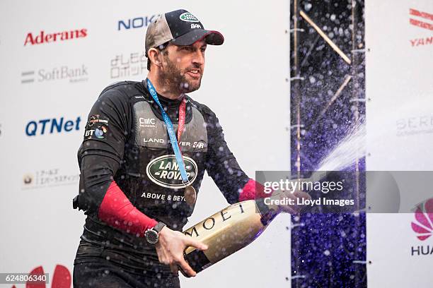 The LandRover BAR British Americas Cup Team skipper Sir Ben Ainslie. Celebrating after winning during the Louis Vuitton Americas Cup World Series on...