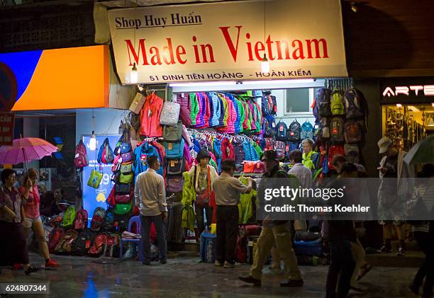 Hanoi, Vietnam Sale of jackets and backpacks on a shopping street in Hanoi on October 30, 2016 in Hanoi, Vietnam.