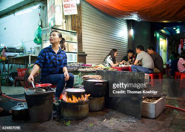 Hanoi, Vietnam A young woman is sitting in front of her street diner in Hanoi on October 30, 2016 in Hanoi, Vietnam.
