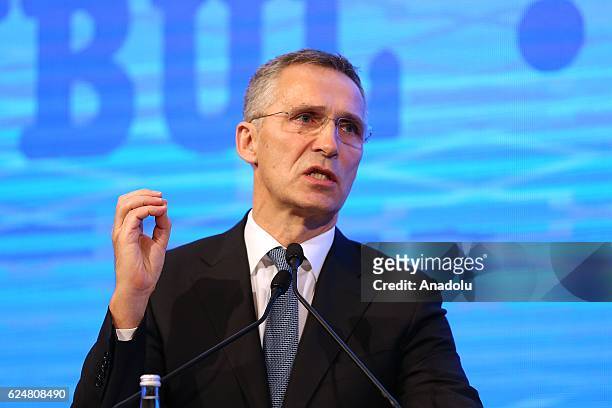 Secretary General Jens Stoltenberg makes a speech during a plenary sitting held within the NATO Parliamentary Assembly's 62nd Annual session in...