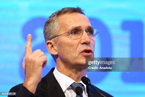 Secretary General Jens Stoltenberg makes a speech during a plenary sitting held within the NATO Parliamentary Assembly's 62nd Annual session in...