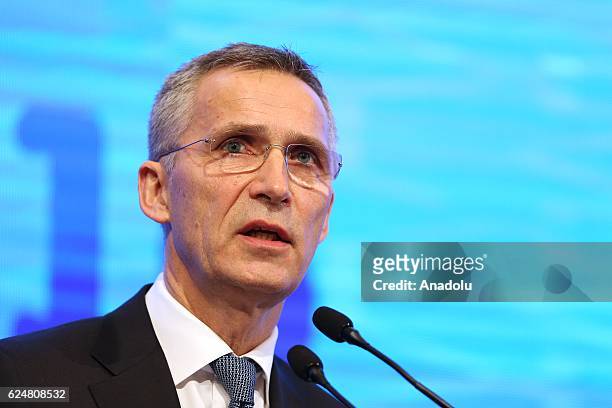 Secretary General Jens Stoltenberg makes a speech during a plenary sitting held within the NATO Parliamentary Assembly's 62nd Annual session in...