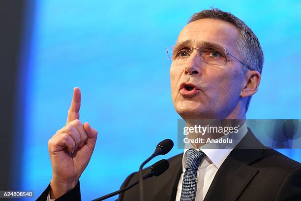 Secretary General Jens Stoltenberg makes a speech during a plenary sitting held within the NATO Parliamentary Assembly's 62nd Annual session in...