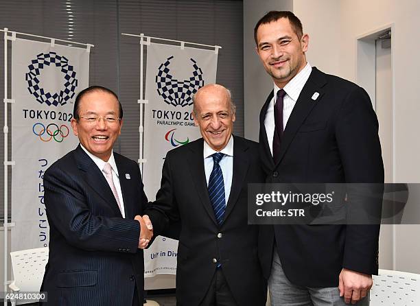 President Julio Cesar Maglione poses with Tokyo 2020 Director General and CEO Toshiro Muto and Tokyo 2020 Sports Director Koji Murofushi prior to...