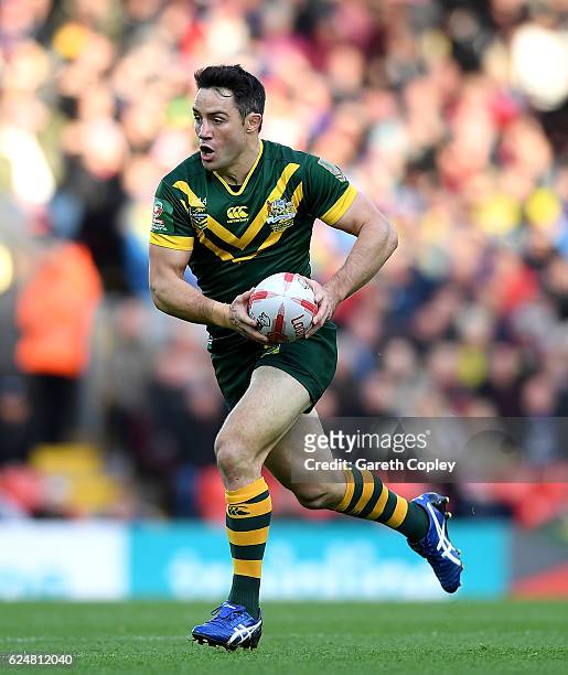 Cooper Cronk of Australia during the Four Nations match between the New Zealand Kiwis and Australian Kangaroos at Anfield on November 20, 2016 in...