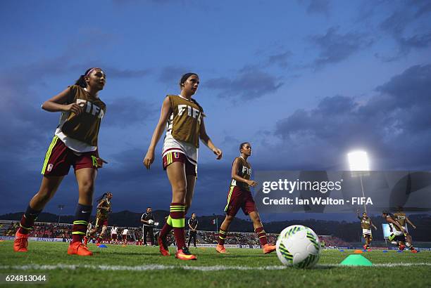 Venezuela players warm up before the FIFA U-20 Women's World Cup, Group D match between Venezuela and Mexico at Bava Park on November 21, 2016 in...