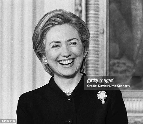 First Lady Hillary Clinton presents the Dolly Madison Commemorative Coin in the East Room of the White House on January 11, 1999 at the White House.